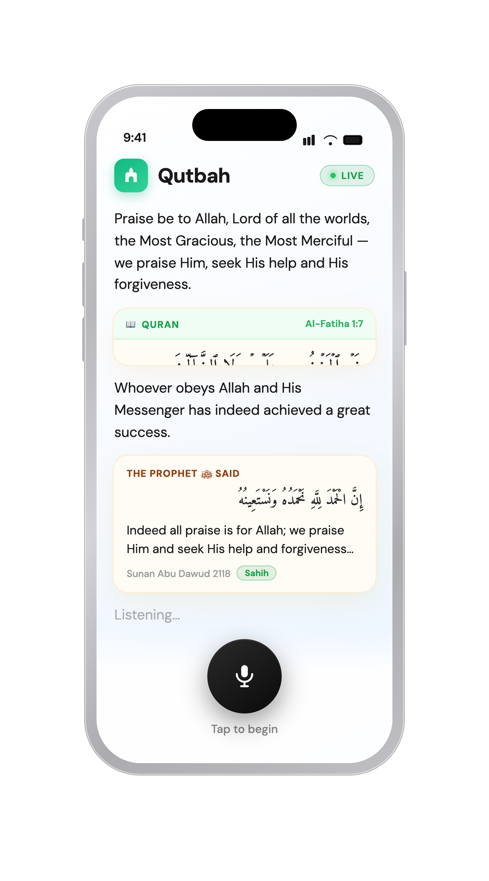 Qutbah live screen — translation with a verified Quran card and an attributed Hadith
